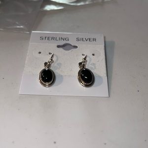 925 Sterling silver and black gemstone hook earrings with round stones